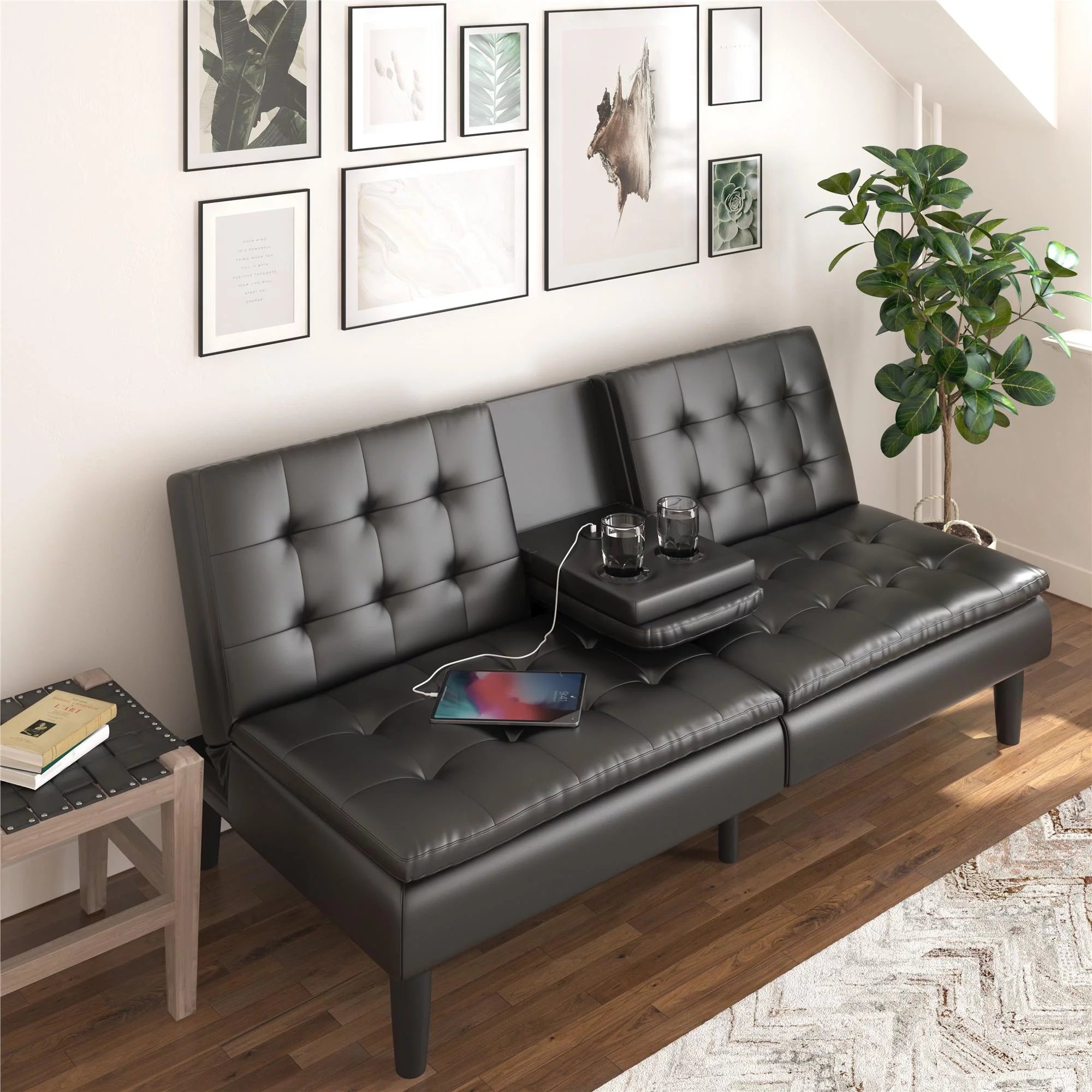 Memory Foam Futon with Cupholder and USB, Black Faux Leather Y2494