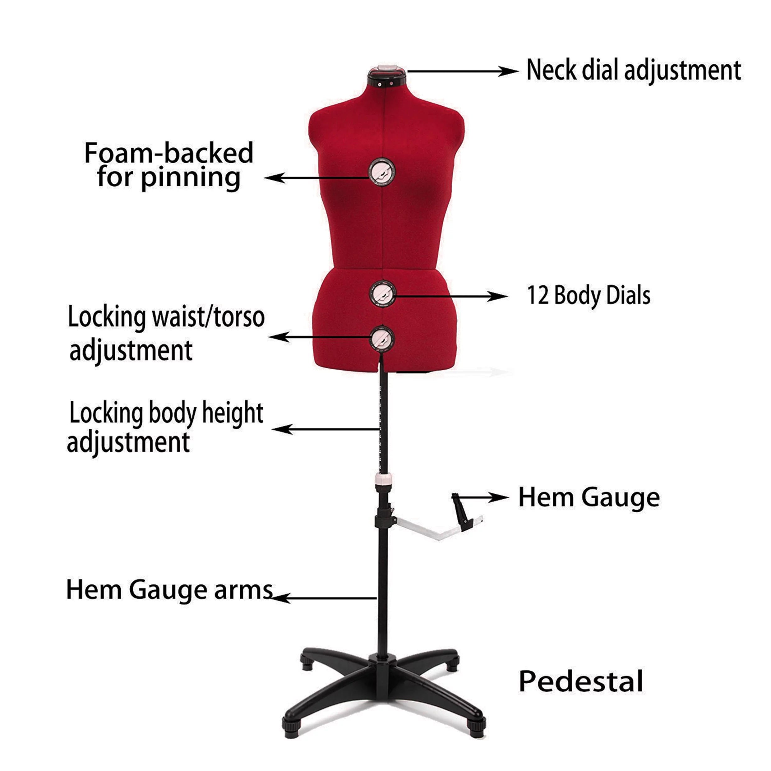 Adjustable Female Mannequin Dress Form with Stand, Red Y110751