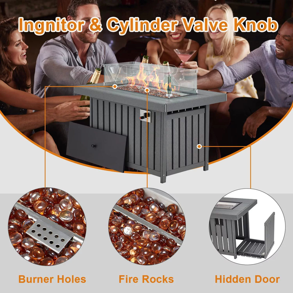 43 Inch HDPE Propane Fire Pit Table with Lid and Fire Glass, Gray E1551