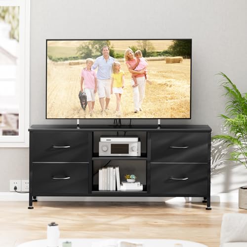 TV Stand with 4 Fabric Drawers and Open Shelves for 50" TV, Black Wood Veins I88170