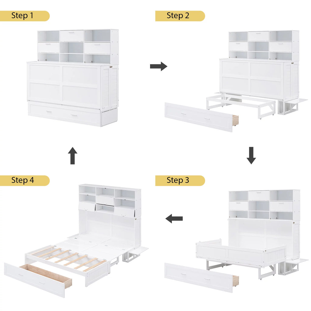 Queen Size Murphy Bed with Bookcase and Drawer, White P7712