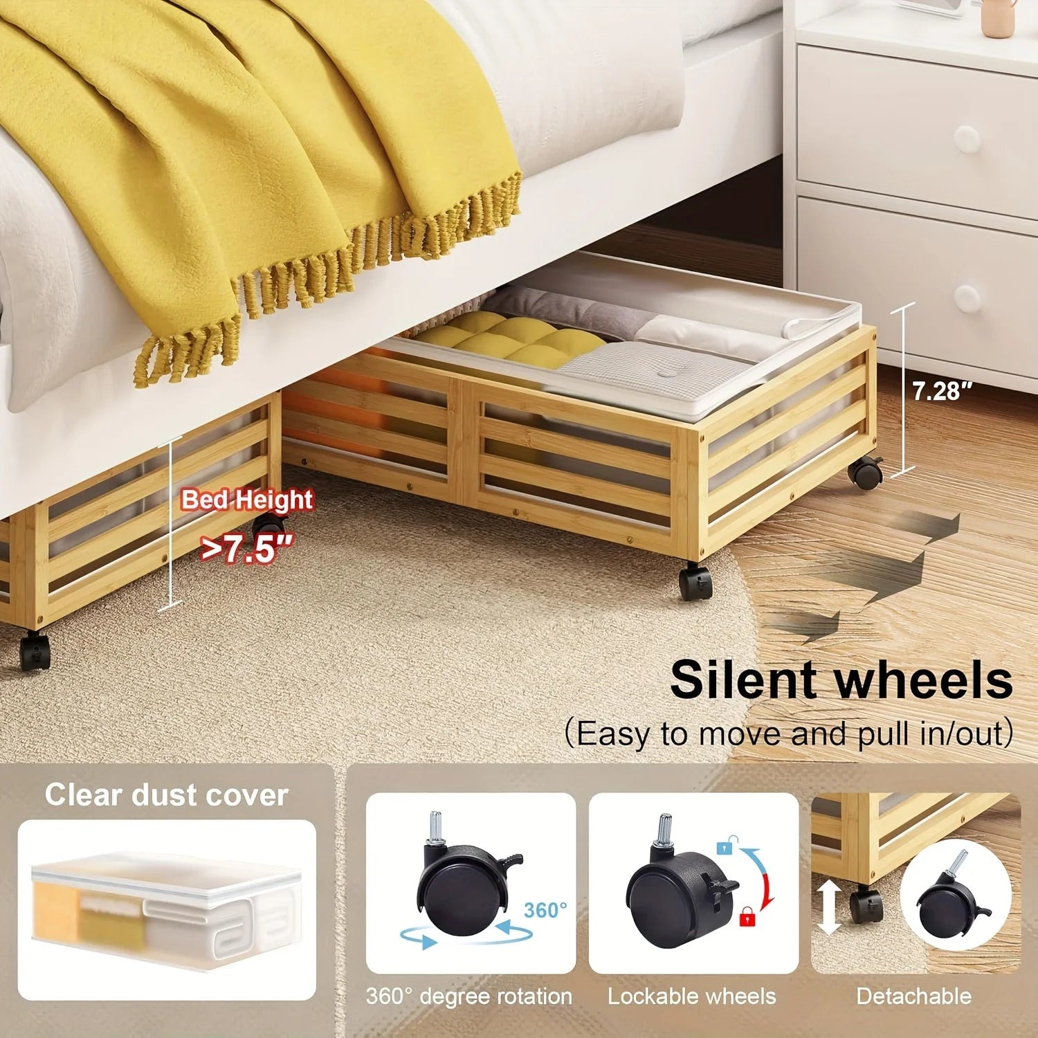 Bamboo Under-Bed Storage Bins with Wheels, 2-Pack E3624