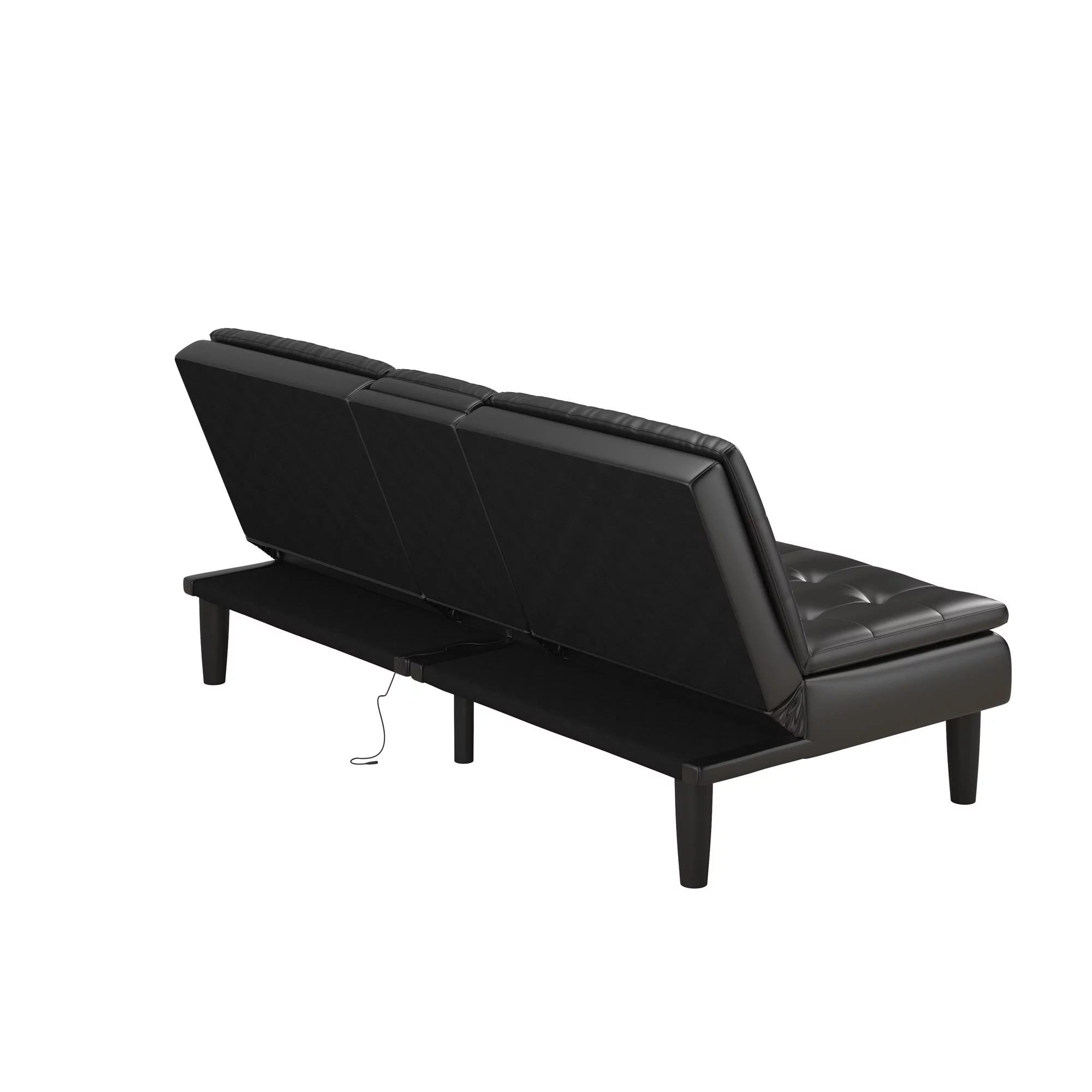 Memory Foam Futon with Cupholder and USB, Black Faux Leather Y2494