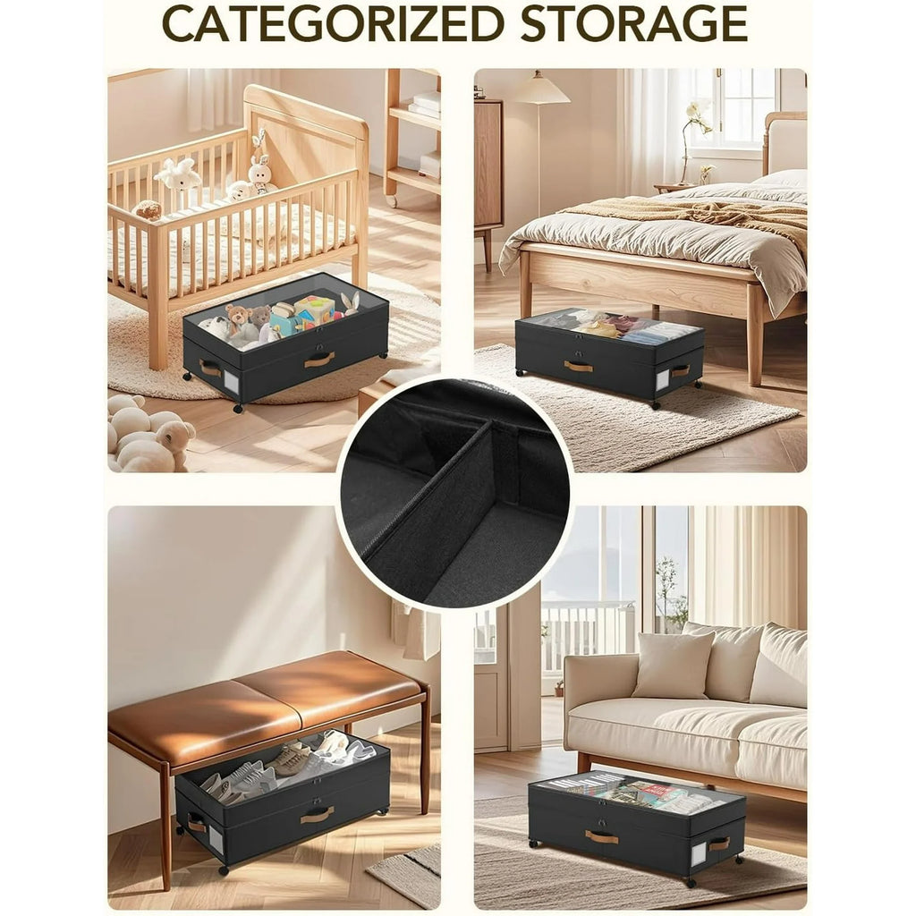 Under Bed Storage with Wheels, Adjustable Height, 10 Inches, Black E7377