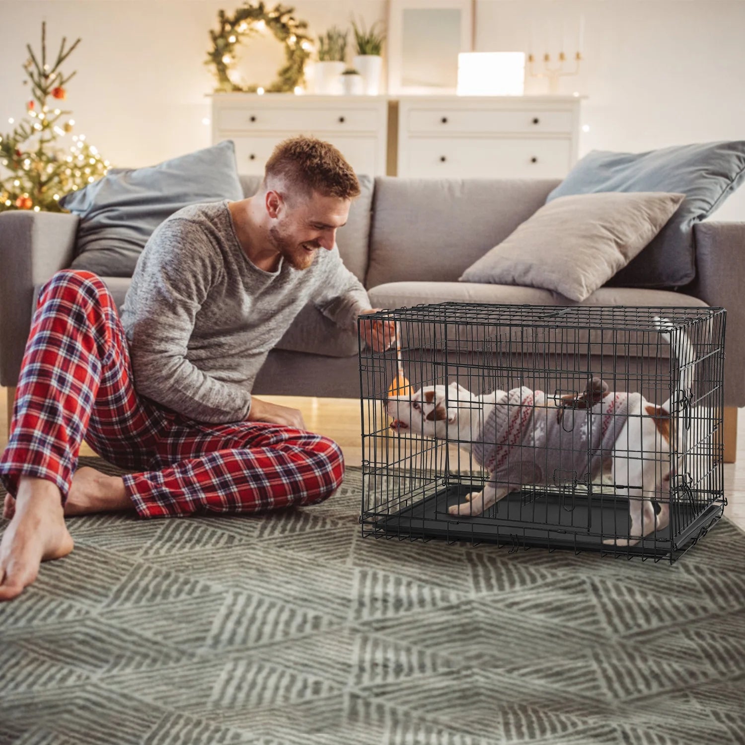 Large Dog Crate XL 42 Inch Wire Kennel with Divider and Double Door H5308