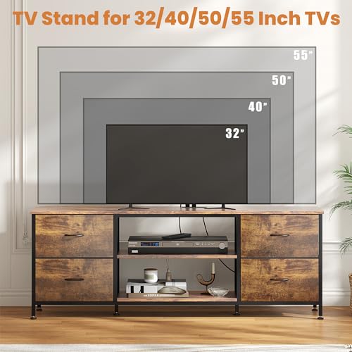 TV Stand with 4 Fabric Drawers and Open Shelves for 50" TV, Black Wood Veins I88170