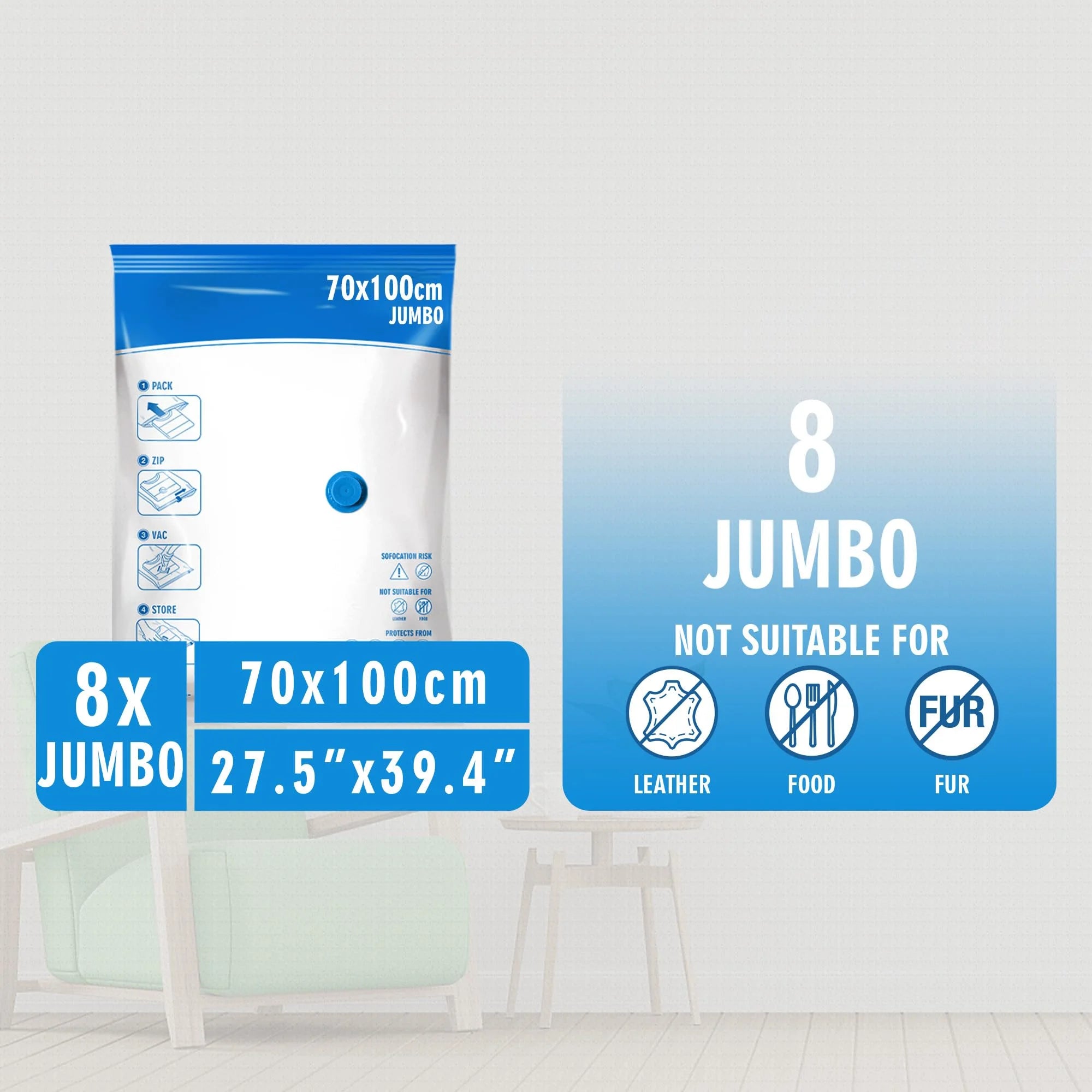 Jumbo Vacuum Storage Bags 8 Pack with Hand Pump D80391