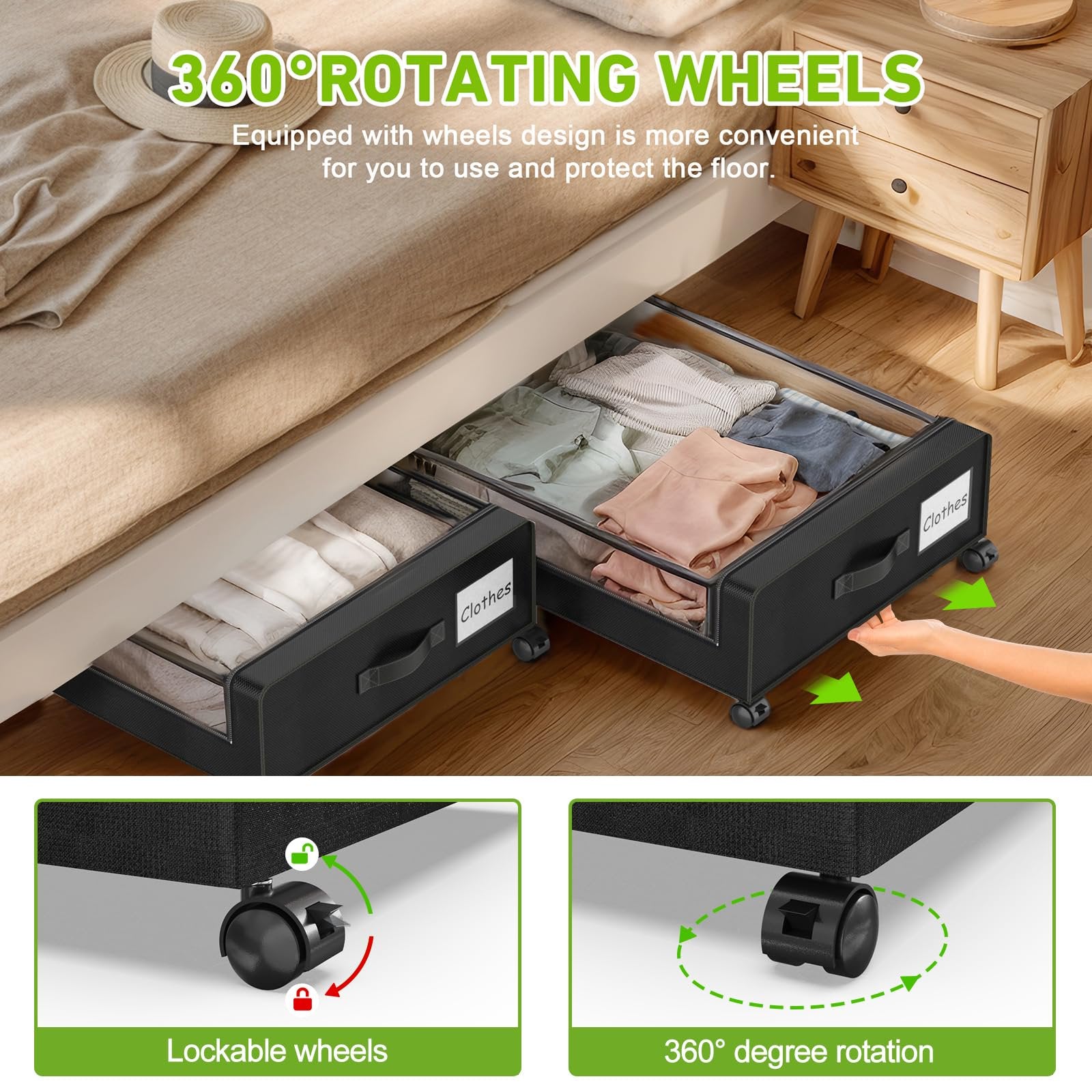 Underbed storage with wheels, 2 pack, clear lid, black X159