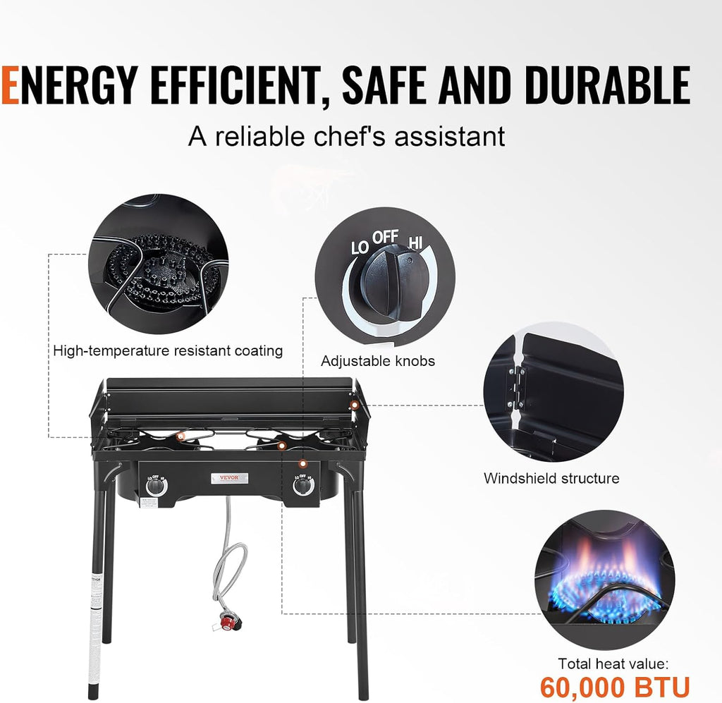 Outdoor Propane Burner, 2 Burner Stove with Windscreen, Heavy Duty Gas Cooker with Detachable Legs Stand S96726