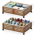 Under Bed Storage Containers With Wheels - 2 Pcs Bamboo Wood Rolling Underbed Shoe Storage Bins With Dust Bags for Clothes Blankets, Duvet Covers Snacks Toys (Walnut)