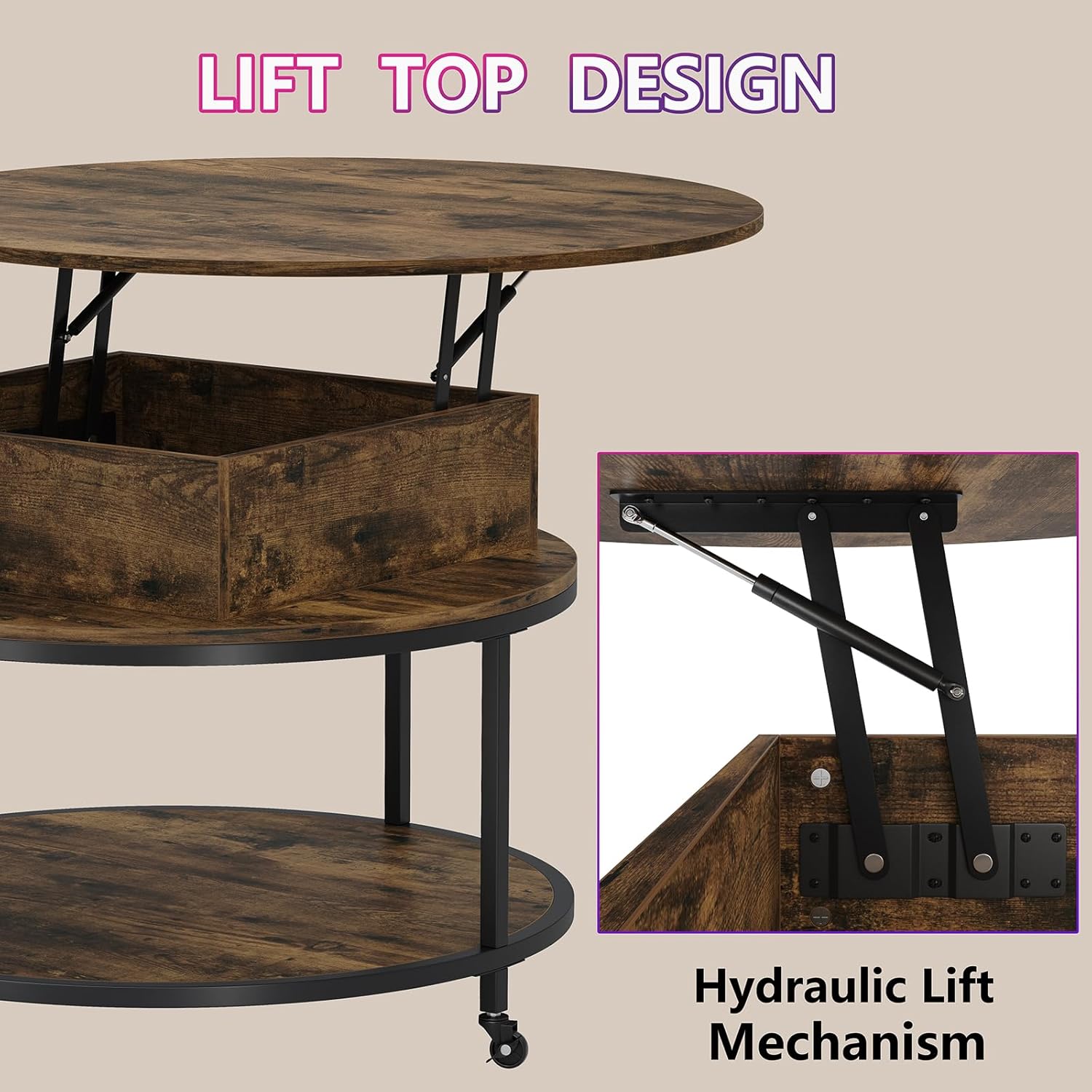 Round Lift Top Coffee Table with 2-Tier Storage and Wheels R2701