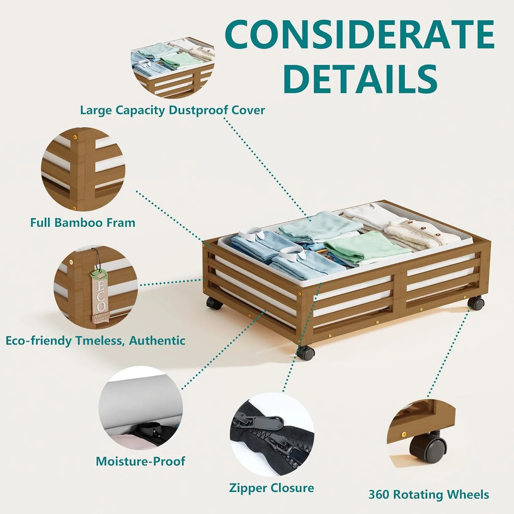Bamboo Under Bed Storage Containers with Wheels and Dust Bag T7066