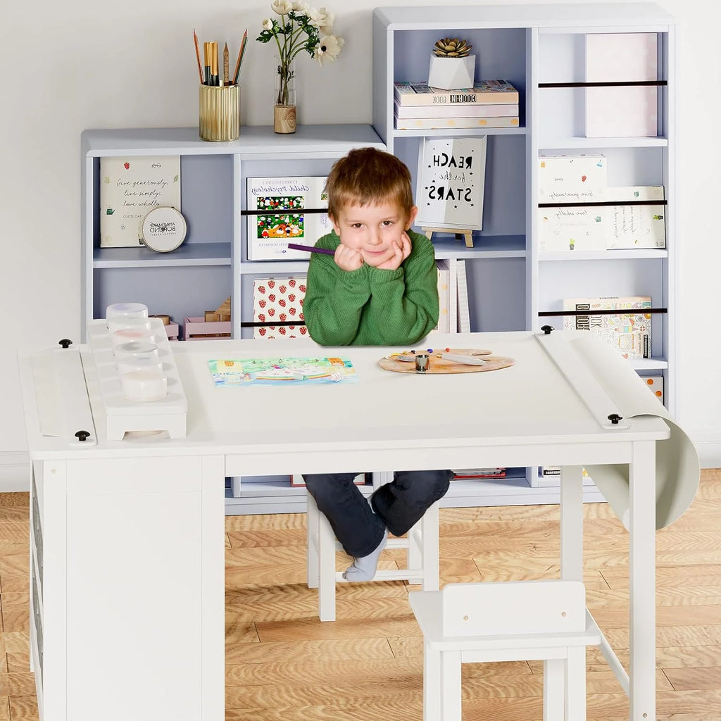 Kids Art Table and Chair Set with Storage Shelves and Paper Roll G84422