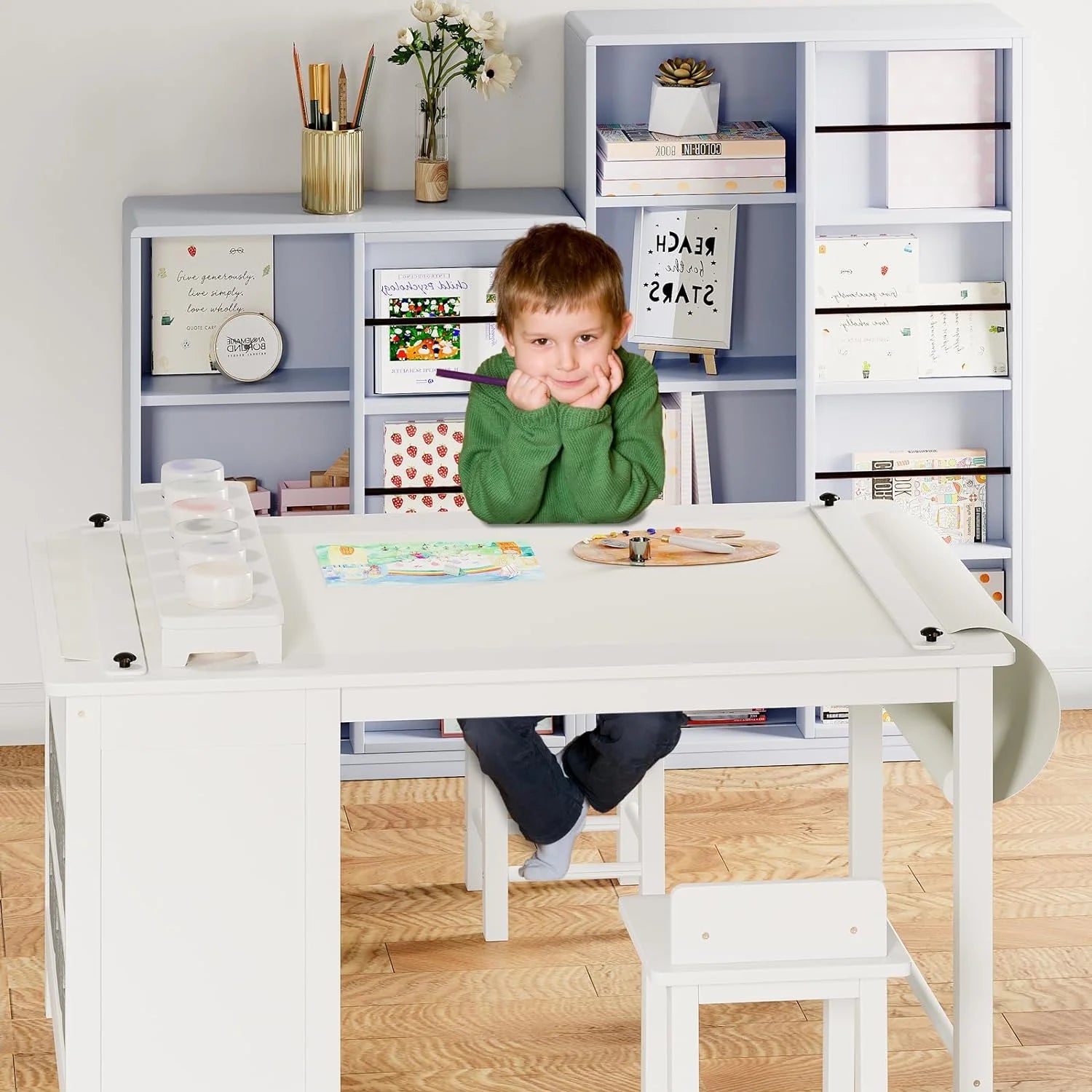 Kids Art Table and Chair Set with Storage Shelves and Paper Roll G84422
