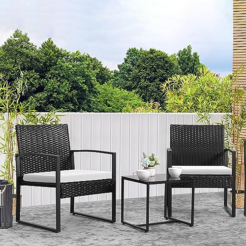 3 Piece Patio Set with Wicker Rattan Table and Chairs, White P349