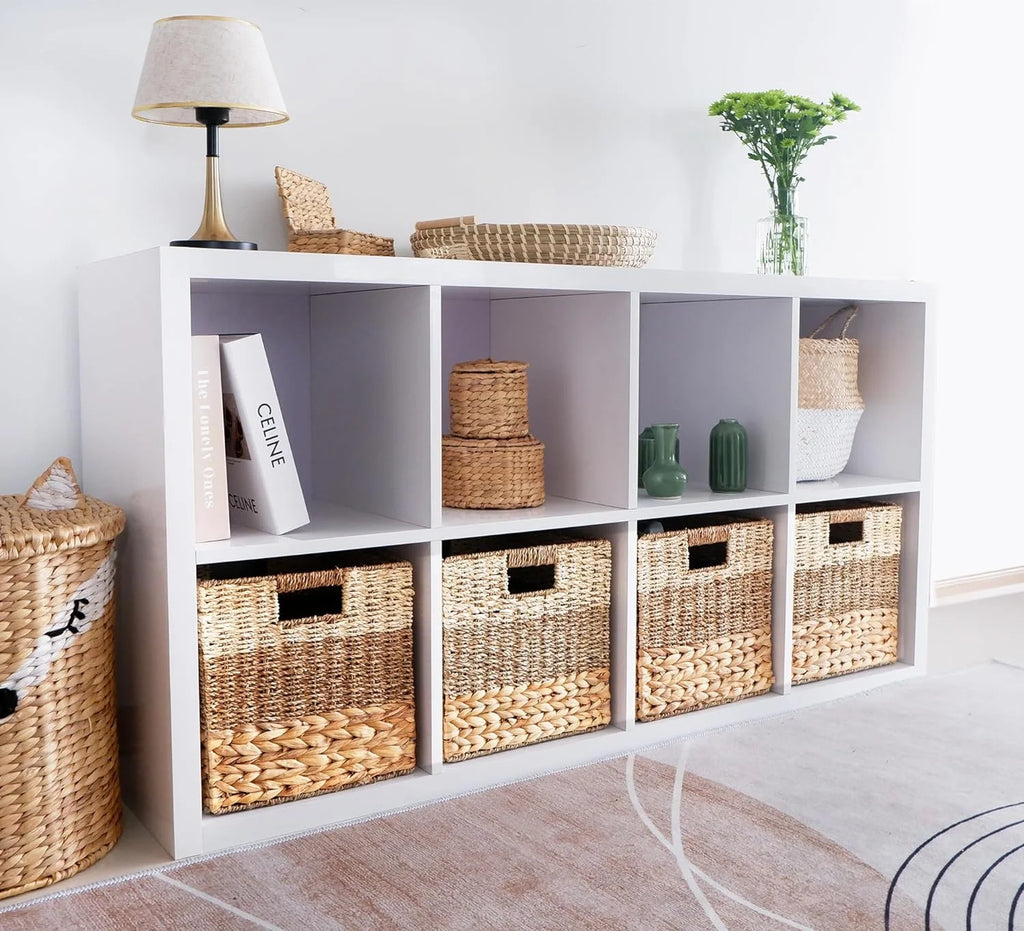 Natural Wicker Storage Cubes, 12x12 Bins, Set of 4 Heavy Duty Hyacinth Baskets for Shelf, Foldable Square Baskets K7706