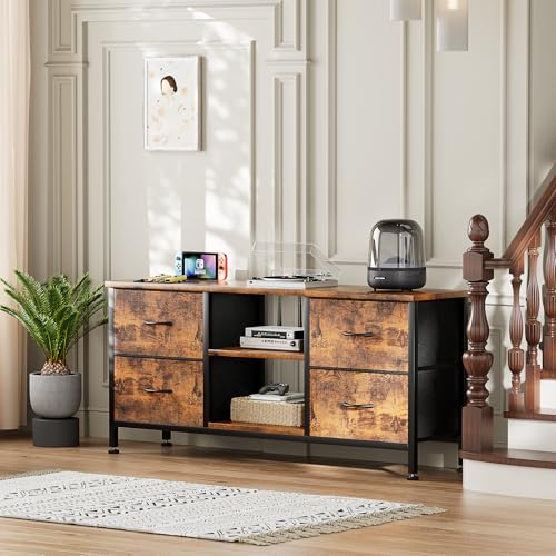 TV Stand with 4 Fabric Drawers and Open Shelves for 50" TV, Black Wood Veins I88170