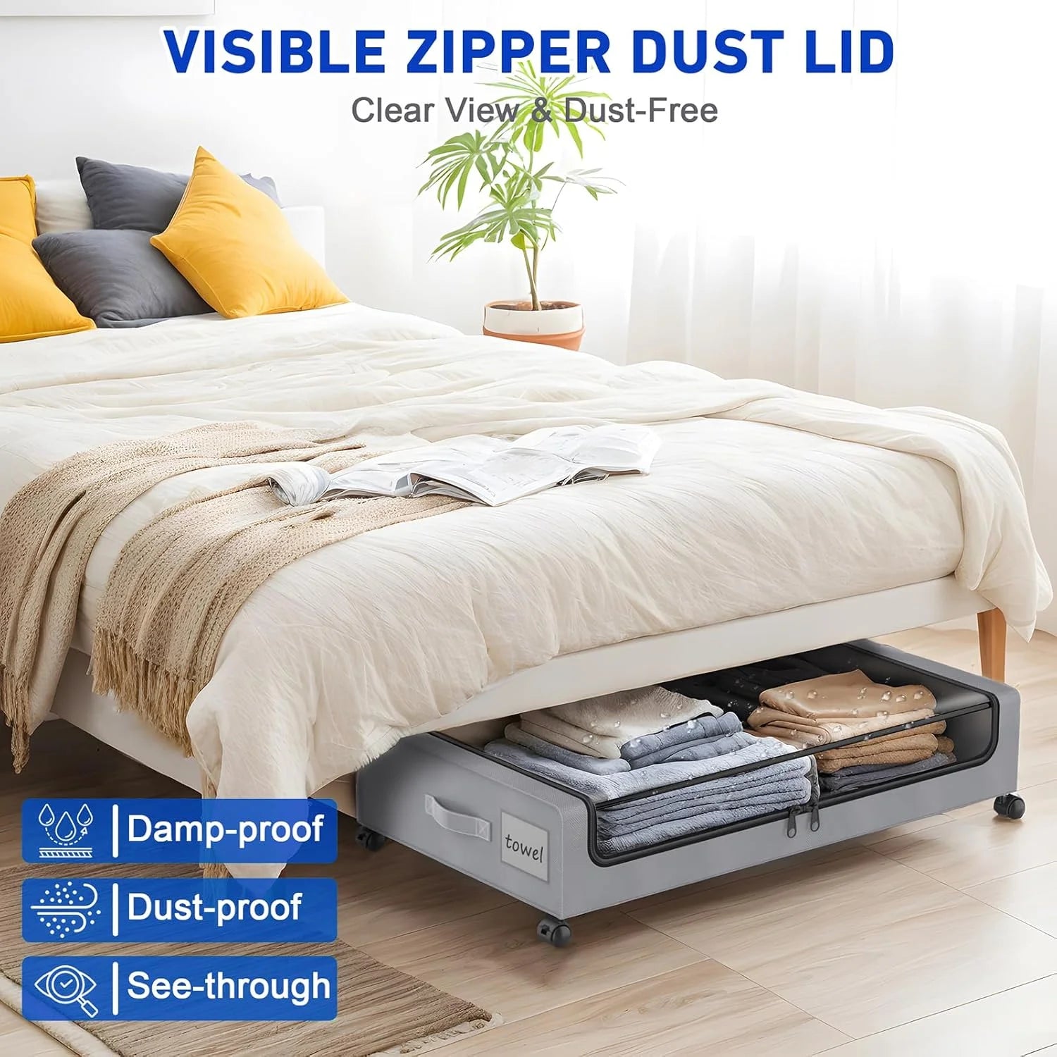 Under Bed Storage Containers with Wheels and Clear Lids, 60L, Gray P9824