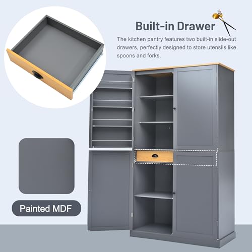 77 inch Kitchen Pantry, Freestanding Tall Cupboard with Shelves and Drawers T79940