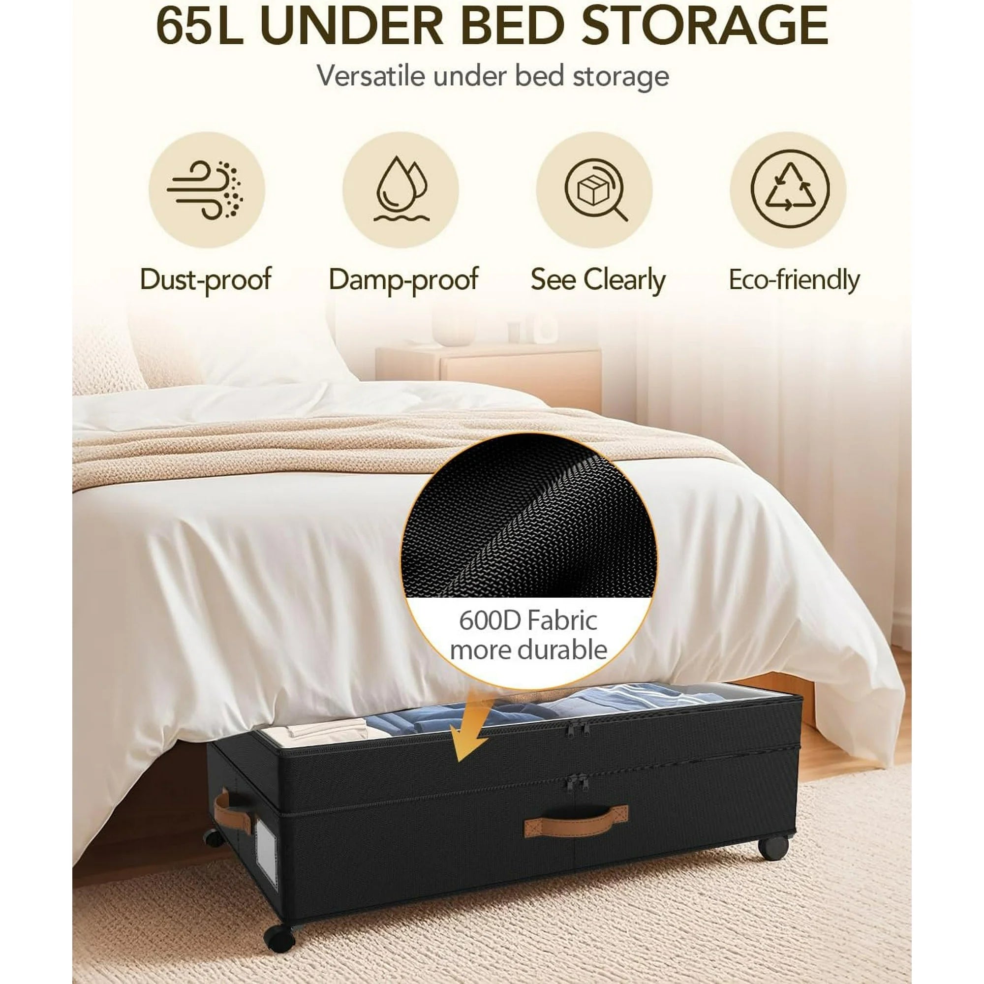 Under Bed Storage with Wheels, Adjustable Height, 10 Inches, Black E7377