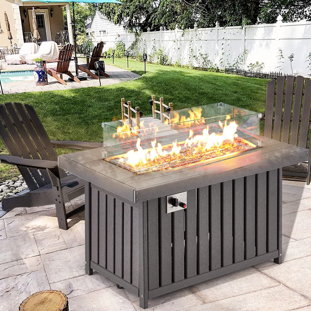 43 Inch HDPE Propane Fire Pit Table with Lid and Fire Glass, Gray E1551