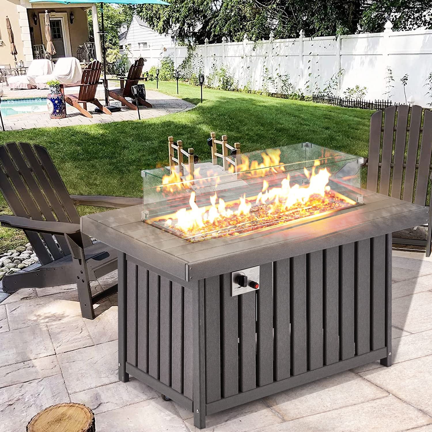 43 Inch HDPE Propane Fire Pit Table with Lid and Fire Glass, Gray E1551
