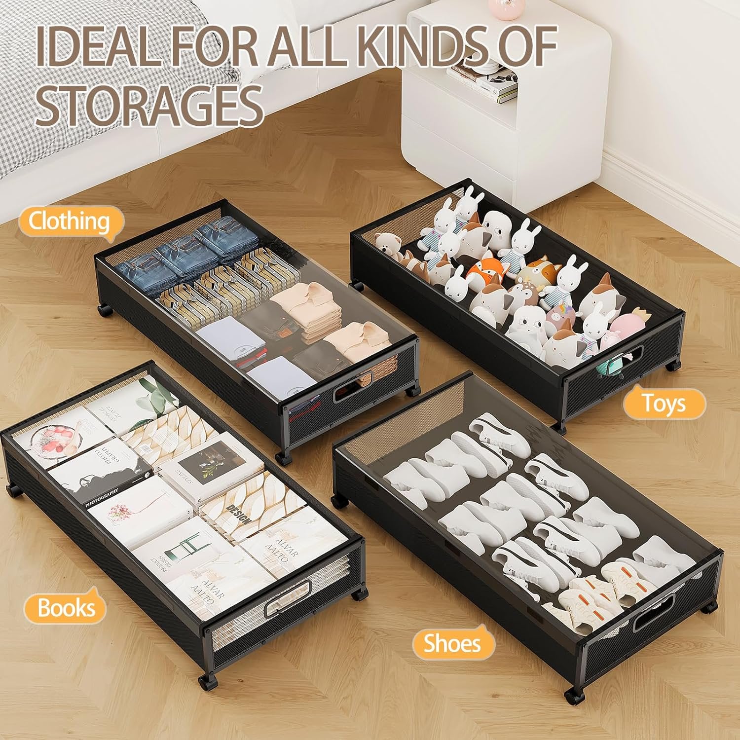 Under Bed Storage with Wheels, 2 Pack Rolling Metal Drawer for Clothes M92727