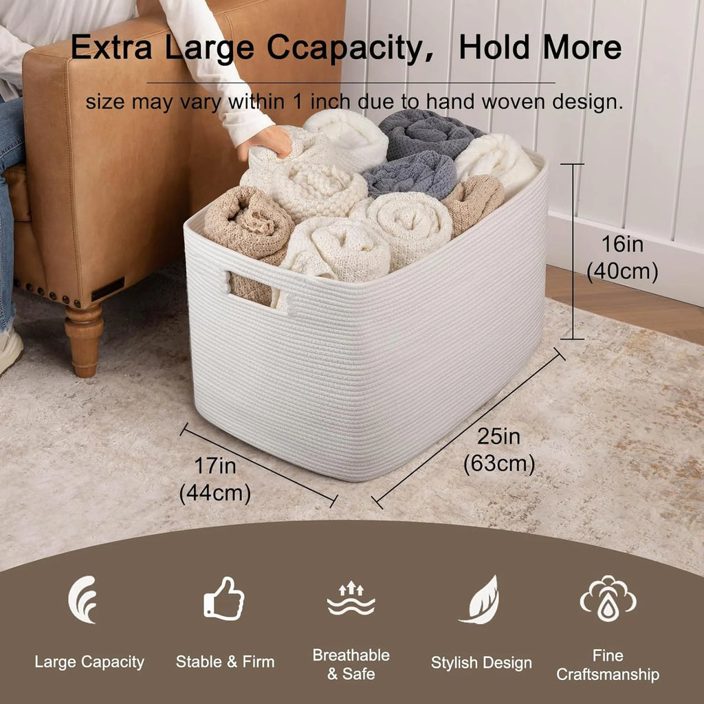 Cotton Rope Storage Basket, Oversized Blanket Basket, 25 x 17 x 16 Inches, White F73525