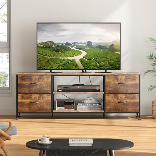 TV Stand with 4 Fabric Drawers and Open Shelves for 50" TV, Black Wood Veins I88170
