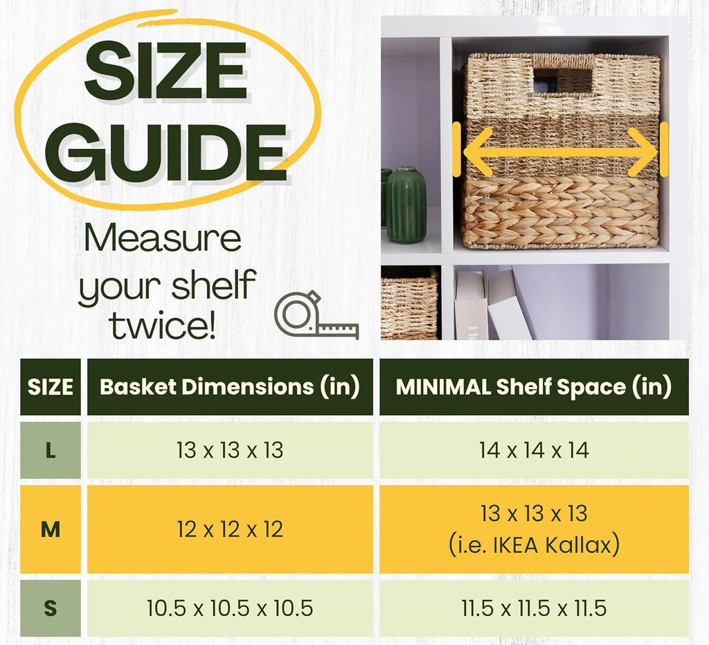 Natural Wicker Storage Cubes, 12x12 Bins, Set of 4 Heavy Duty Hyacinth Baskets for Shelf, Foldable Square Baskets K7706