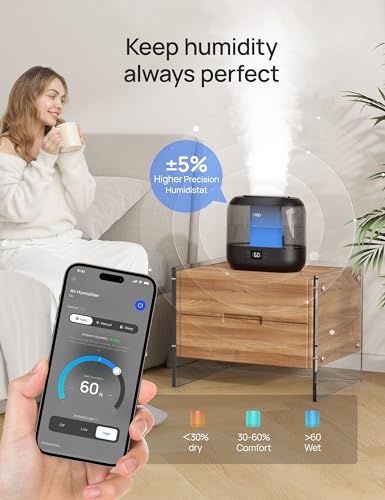 Smart Humidifier for Bedroom, Top Fill 4L Cool Mist, Quiet Ultrasonic H539