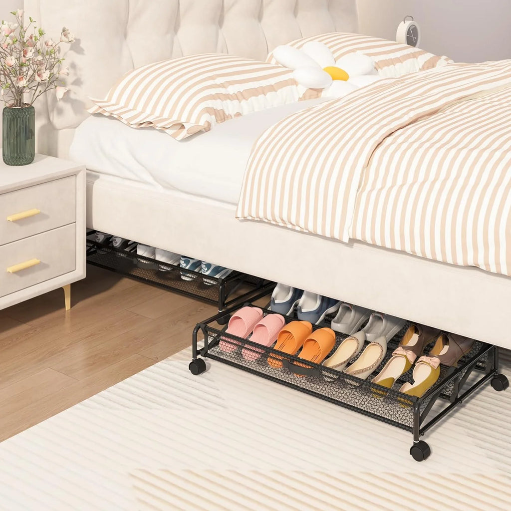 Under Bed Shoes Storage Containers with Wheels, Breathable Mesh R808214