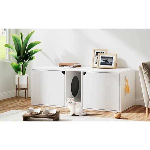 White Wood Side End Table Cat Litter Box with Double Room B884