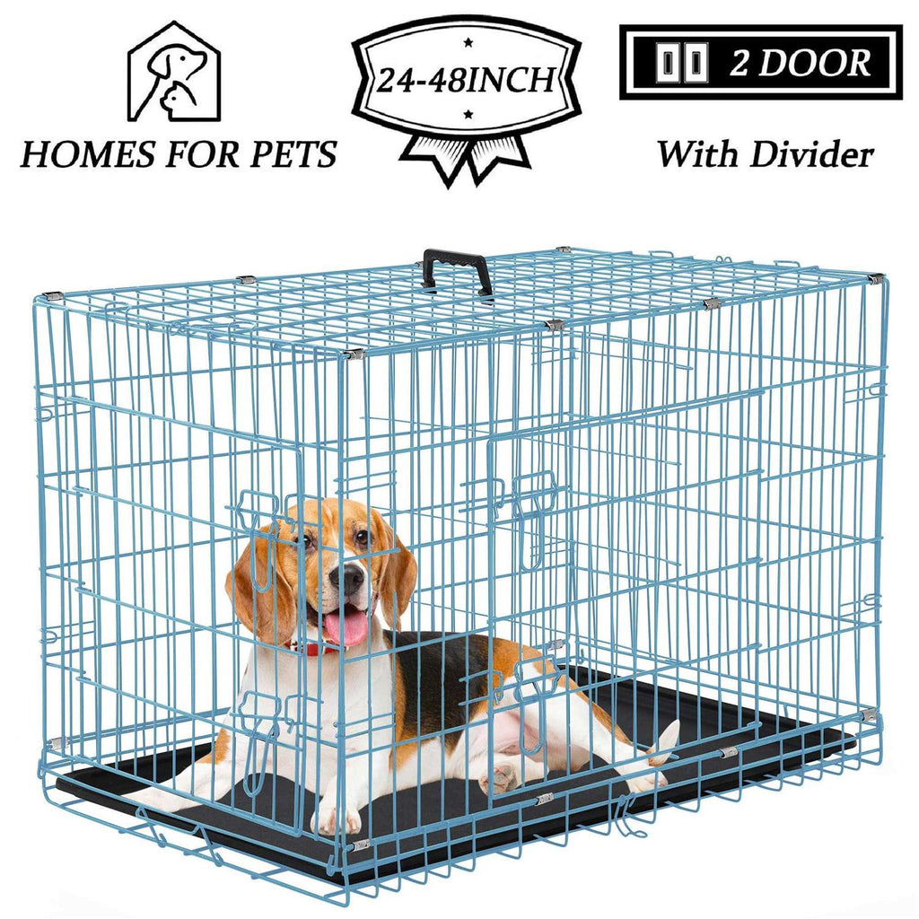 Foldable Large Dog Crate with Metal Wire Cage and Plastic Tray E34291