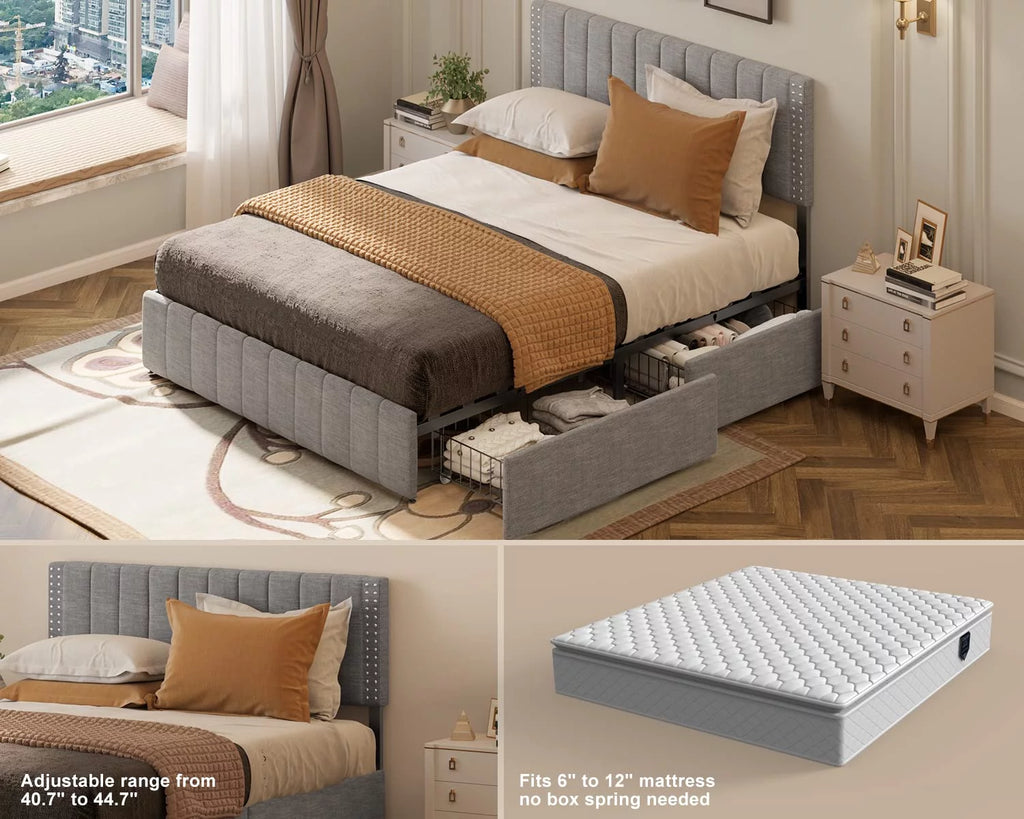 Full Size Bed Frame with Storage Drawers and Adjustable Headboard G6983