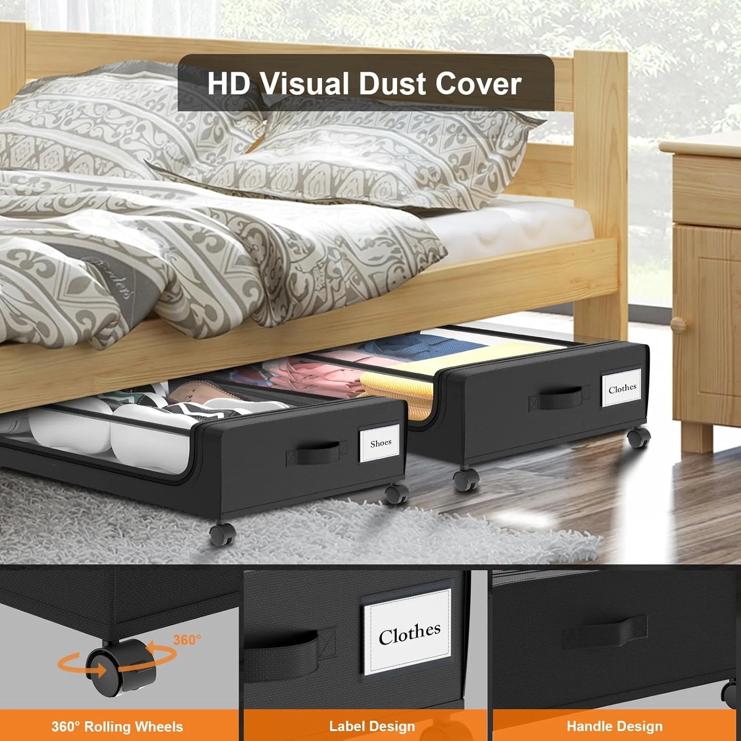 Under Bed Storage with Wheels 2 Pack, Large Rolling Containers with Lid B901