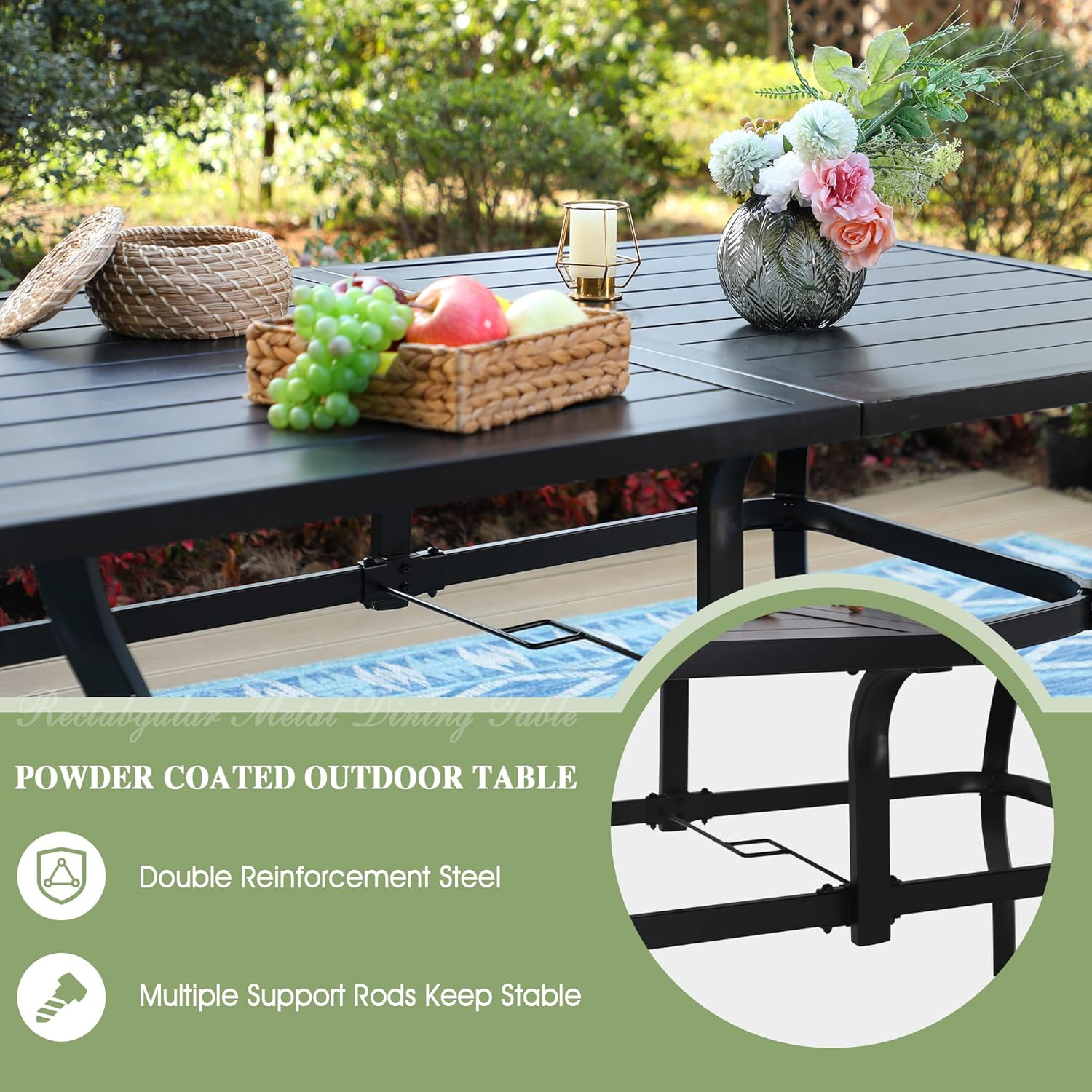 Patio Dining Table for 6, Weather-Resistant Rectangular, Black U9281