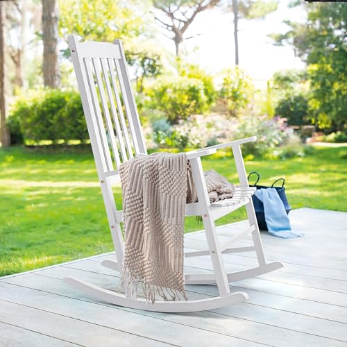 Outdoor Rocking Chair, Acacia High Back Oversized All-Weather Lounge Rocker, Brown O3433
