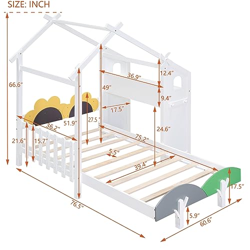 House-Shaped Twin Size Platform Bed with Windmill and Flower Decor G54063