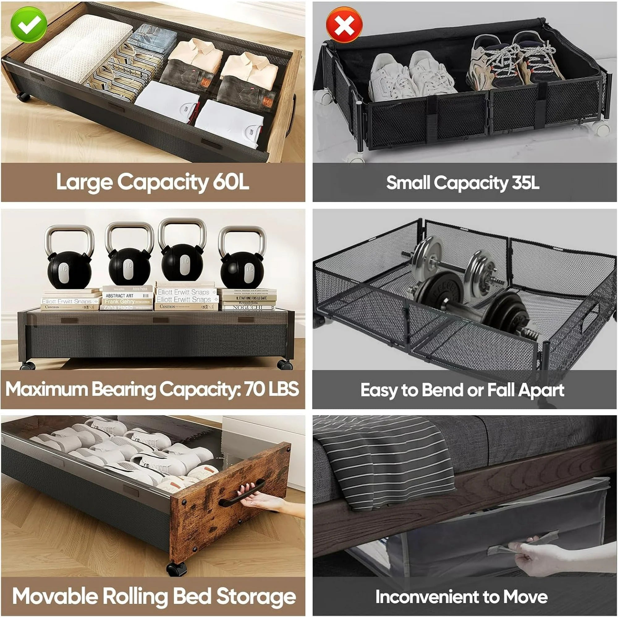 Under Bed Storage Bins with Wheels, 2 Pack, Removable Lid F871
