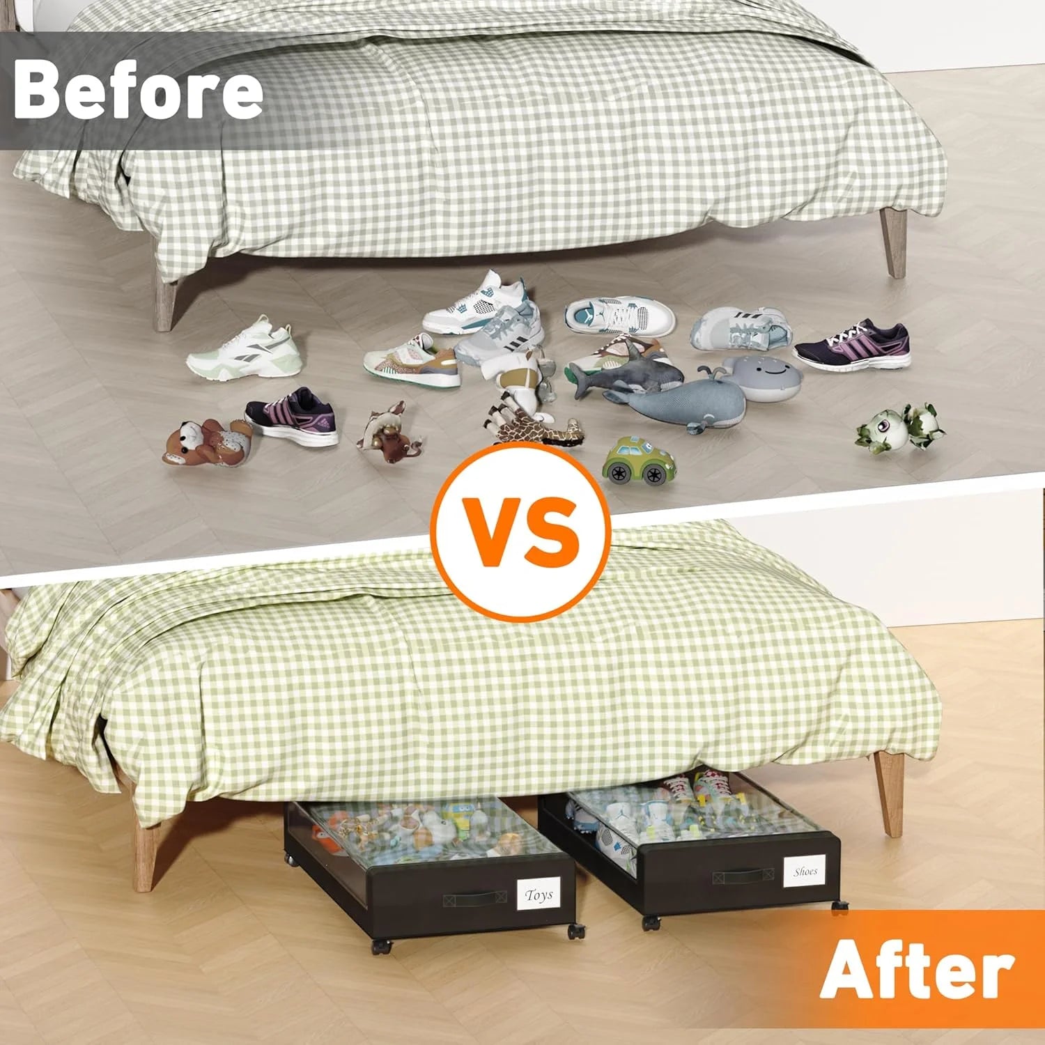 Under Bed Storage with Wheels, 2-Pack Clear Lid Containers, Rolling Metal Drawer Y70361