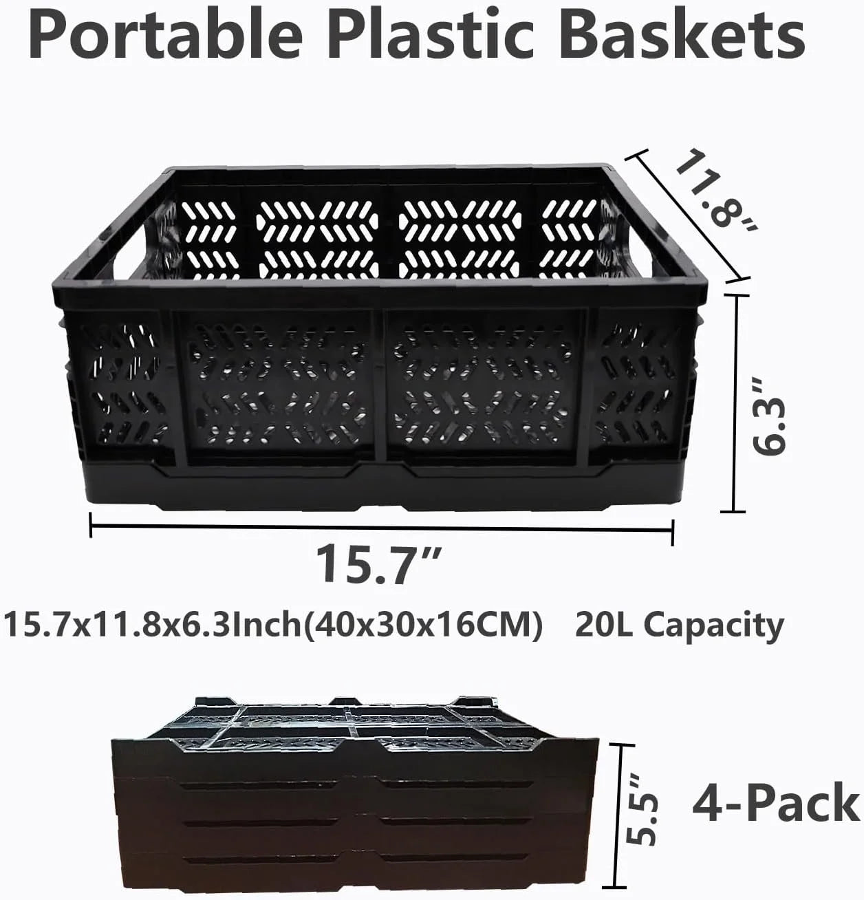 Foldable Plastic Storage Crates, 20L, 4-Pack D4825