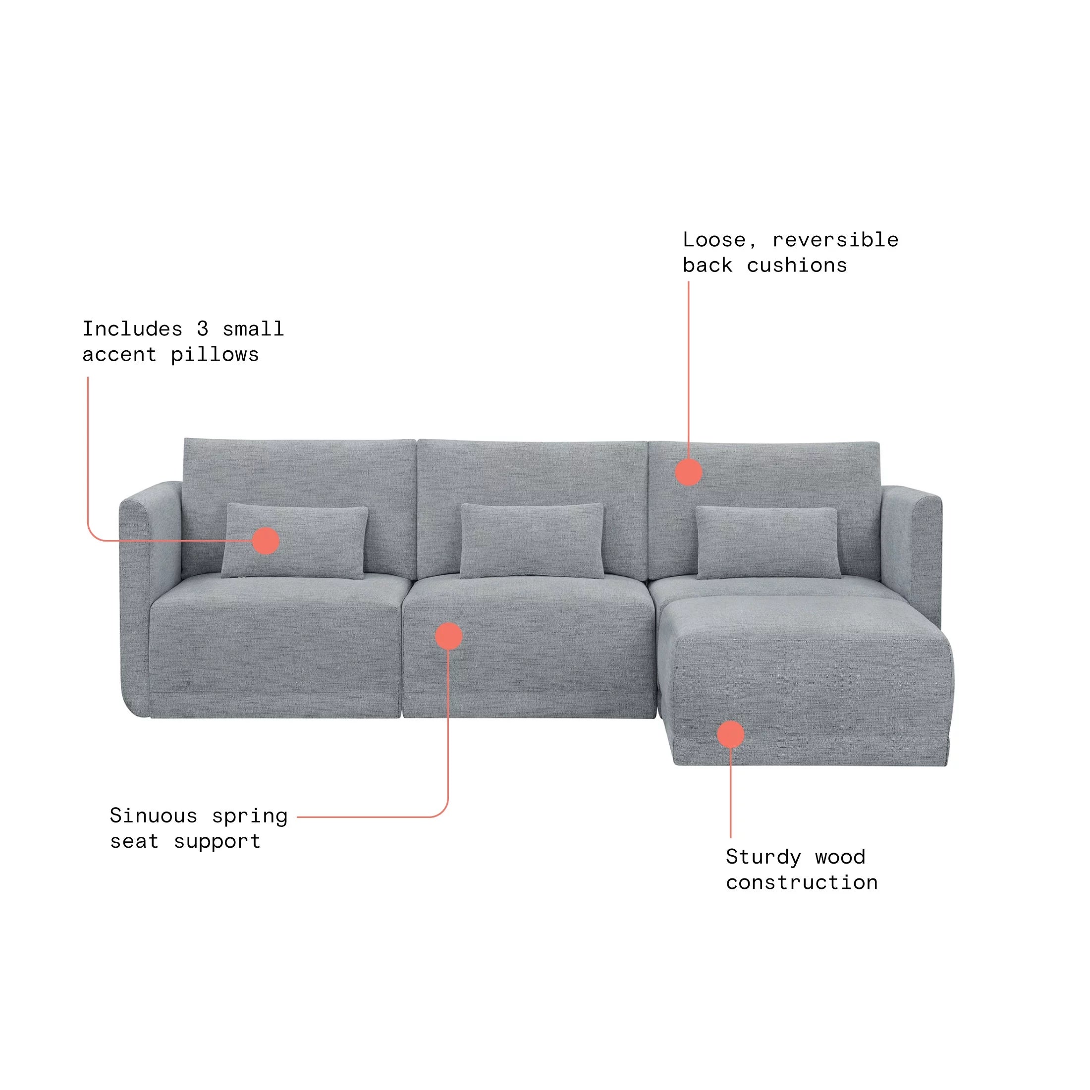 Modular Sectional Sofa with Ottoman, Gray Fabric C1383