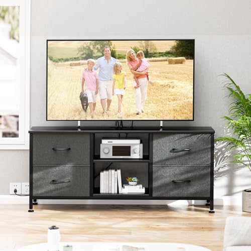 TV Stand with 4 Fabric Drawers and Open Shelves for 50" TV, Black Wood Veins I88170