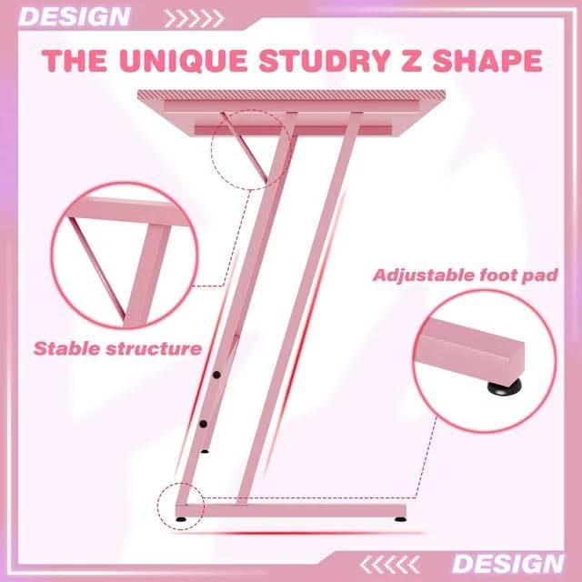 Pink L-Shaped Gaming Desk with Monitor Stand, 47 Inch Corner Computer Table H490