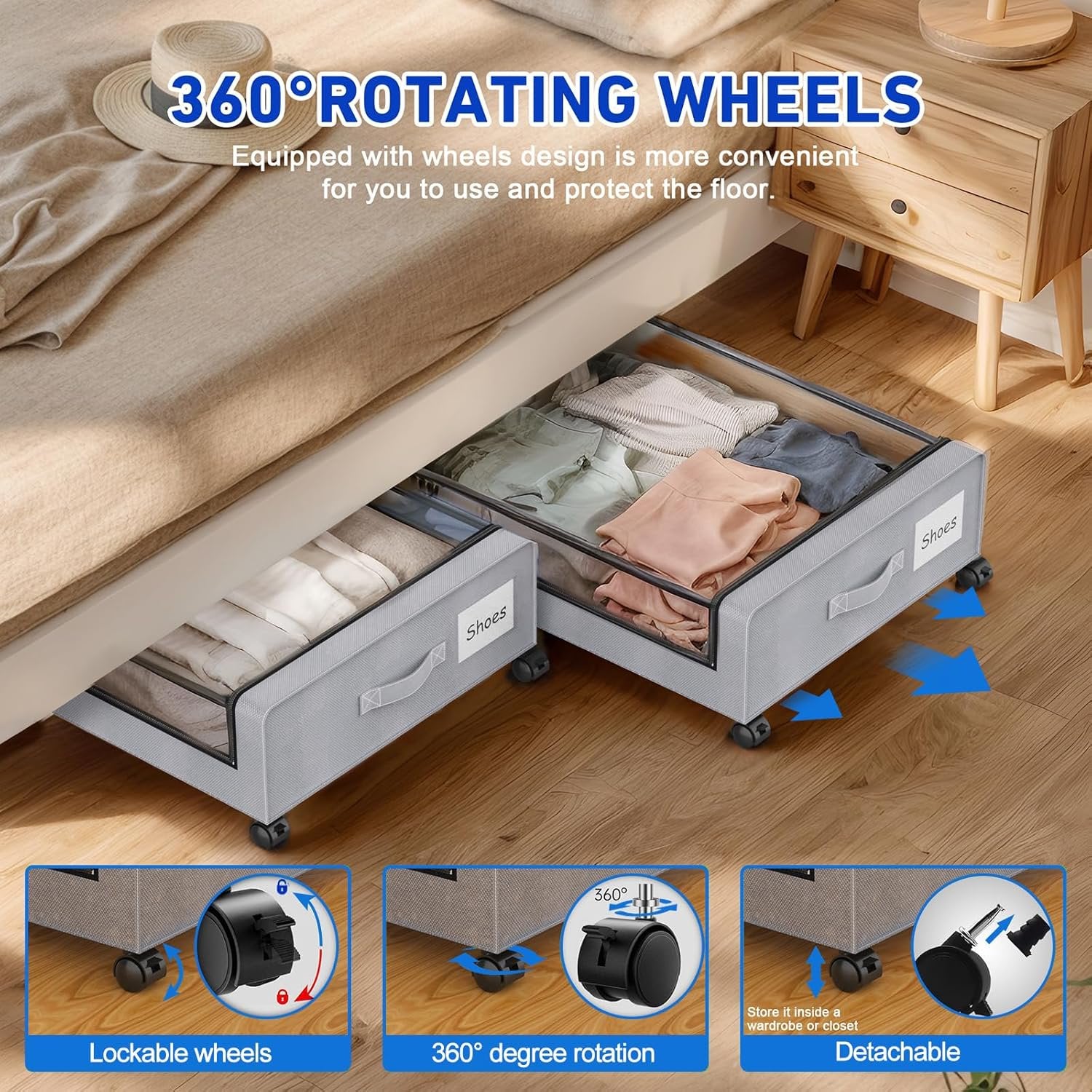Under Bed Storage Containers with Wheels and Clear Lids, 60L, Gray P9824