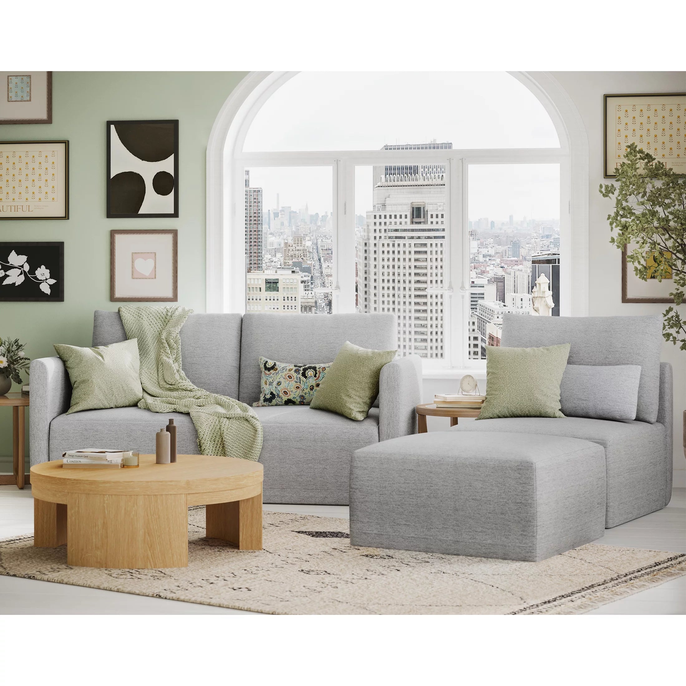 Modular Sectional Sofa with Ottoman, Gray Fabric C1383