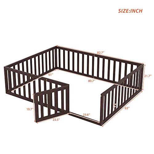 Twin Floor Bed Frame with Safety Fence, Solid Wood J960722