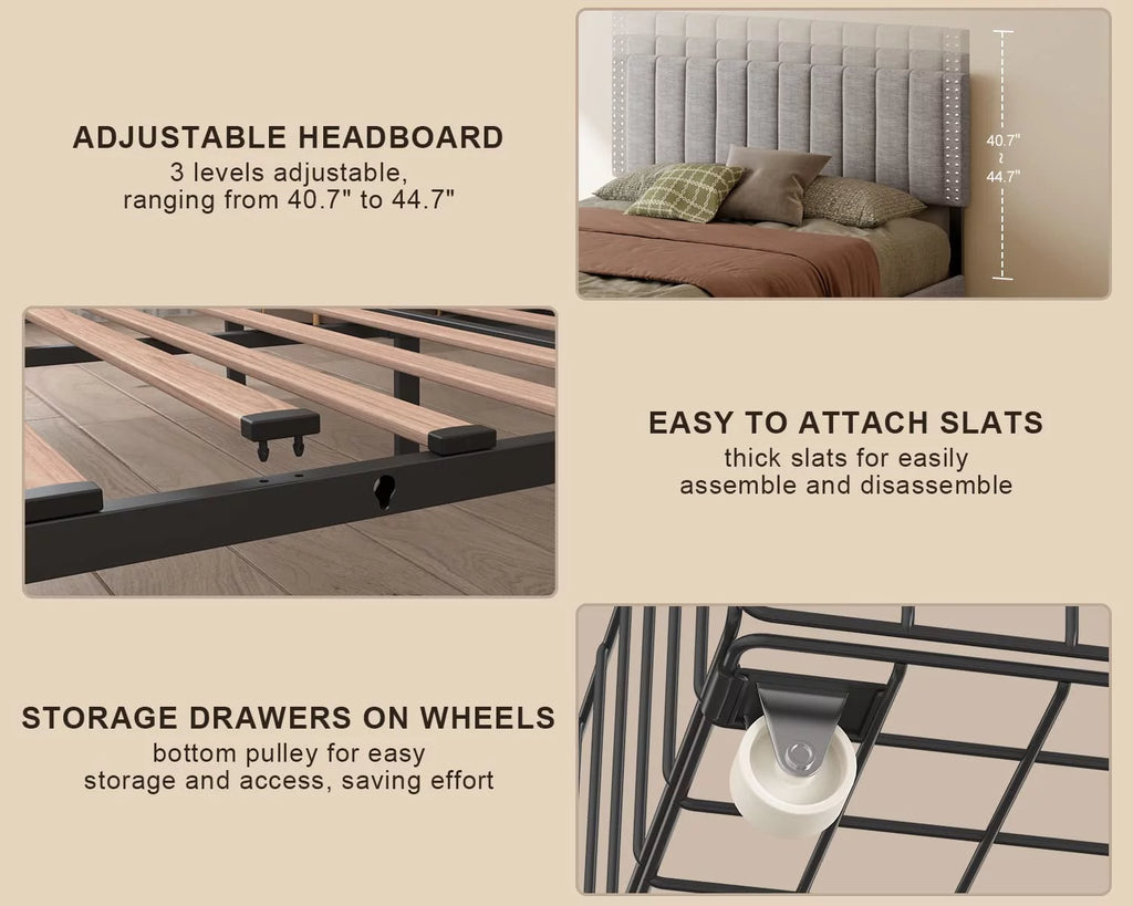 Full Size Bed Frame with Storage Drawers and Adjustable Headboard G6983