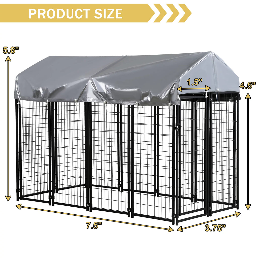 Heavy Duty Outdoor Dog Kennel with Waterproof UV Cover, Large Metal Dog Pen H3740